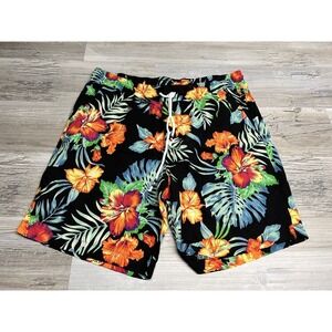 Jogal Shorts Black‎ Hawaiian Floral Drawstring Lightweight Men's Medium